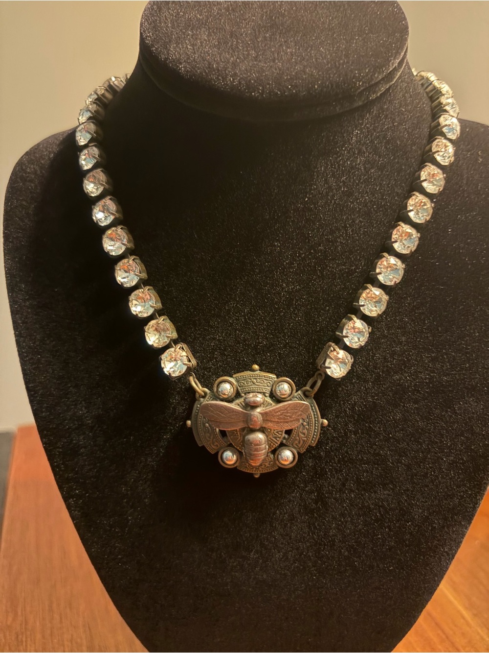 French Kande Crystal Strand Necklace with Bronze Bee Pendant - Clear and Bronze